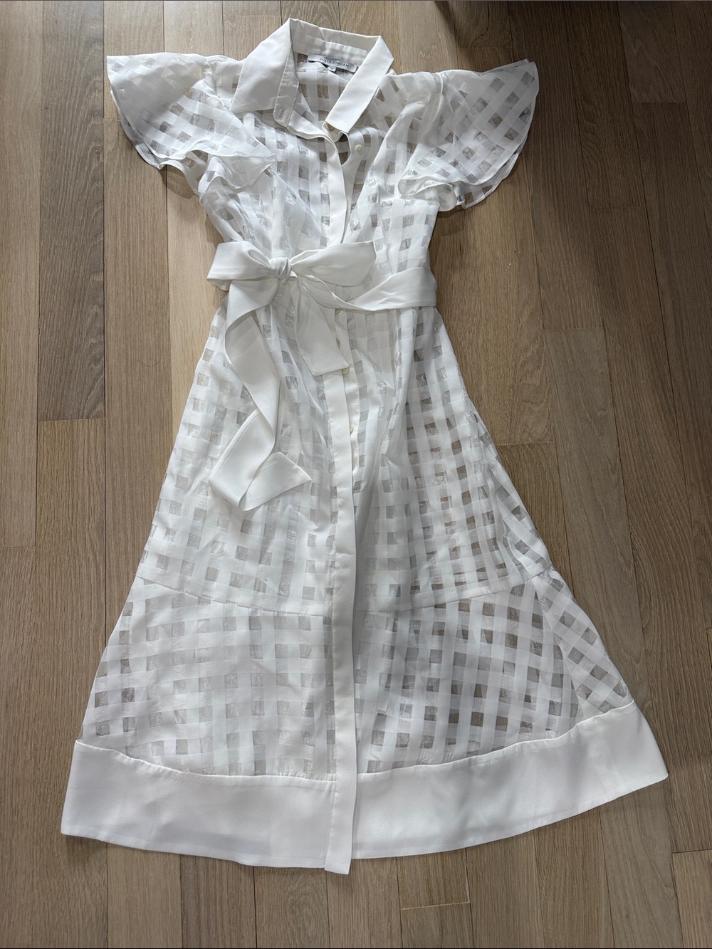 julia jordan White Sheer Check Tie-Waist Shirt Dress